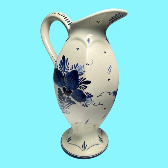 Vtg Delft Blue 9” Pitcher Made in Holland Blue White Floral Hand Painted H.6.16A - Picture 3 of 14